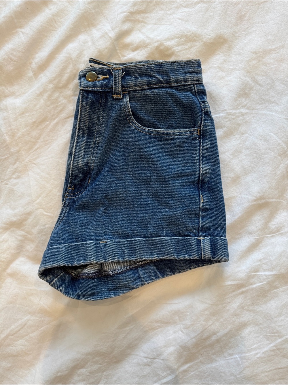 American Apparel Dark Blue High-Rise Cuffed Denim Shorts - Picture 2 of 5